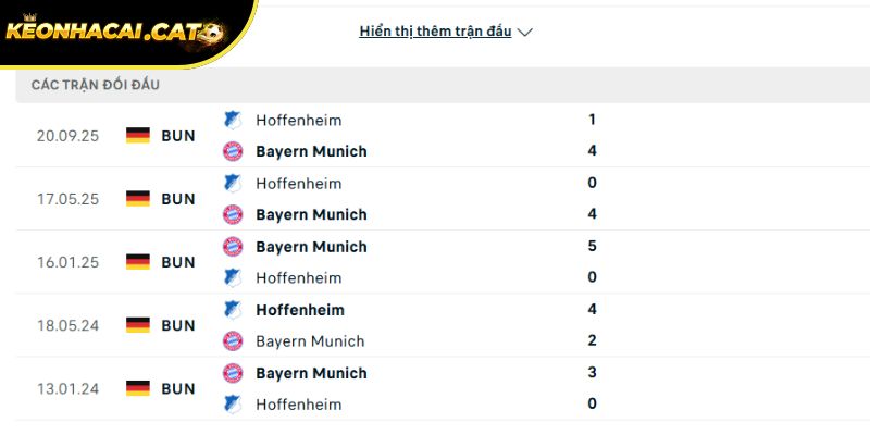 Thành tích đối đầu giữa Bayern Munich vs Hoffenheim trong quá khứ