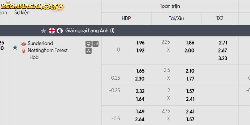Soi kèo Sunderland vs Nottingham qua tỷ lệ